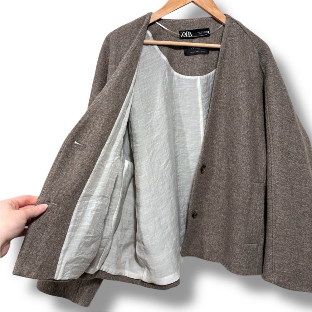 Zara Manteco Italian Wool Taupe Brown Oversized Crop Jacket Size Medium - Picture 5 of 9
